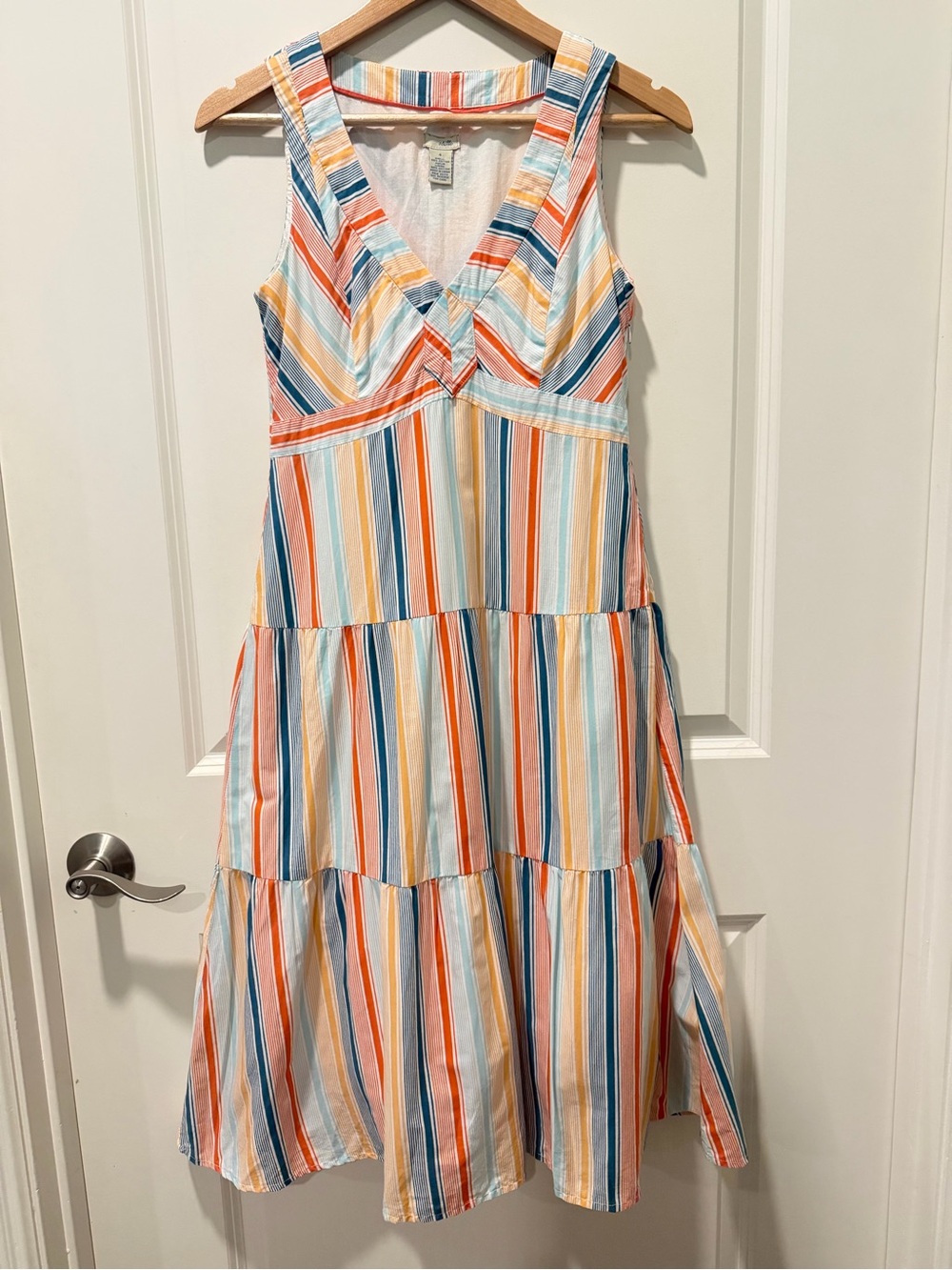 Anthropologie Odille Striped V‑Neck Midi Dress in Blue, Orange, Cream and Pink